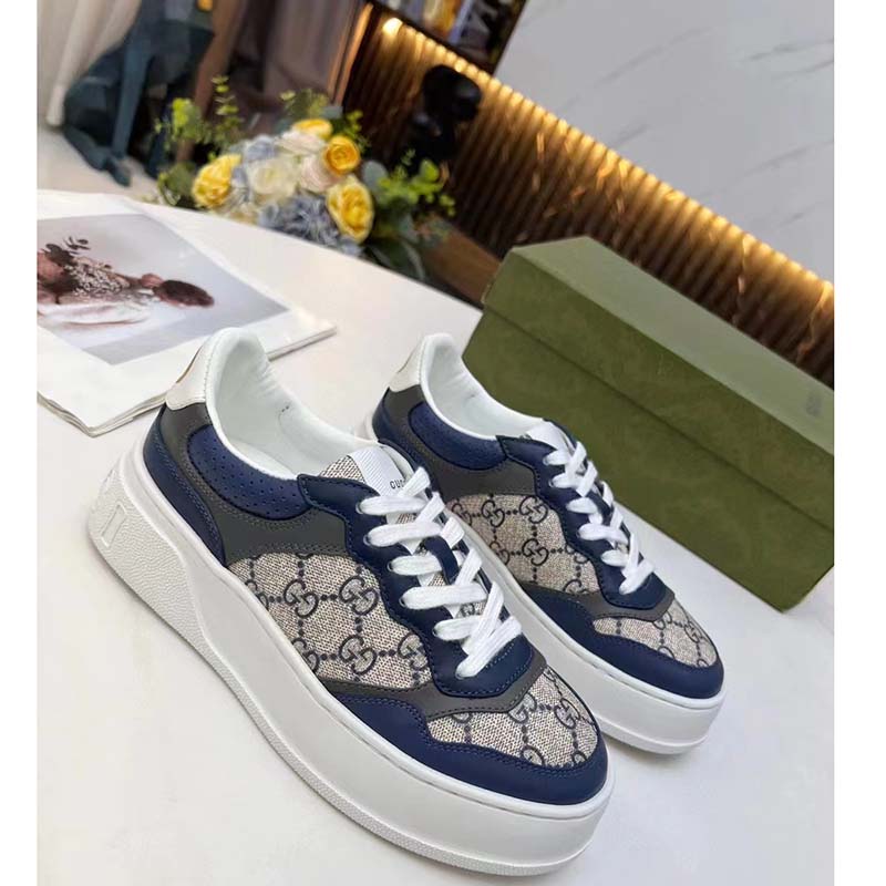 Gucci Unisex GG Sneaker White Beige Blue Supreme Canvas Grey Perforated Leather