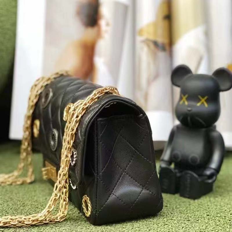 Chanel Women CC 2.55 Handbag Calfskin Strass Glass Pearls Gold Silver Tone Black