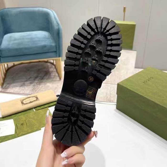 Gucci Unisex GG Loafer Interlocking G Black Leather Rubber Lug Mid 4.3 CM Heel