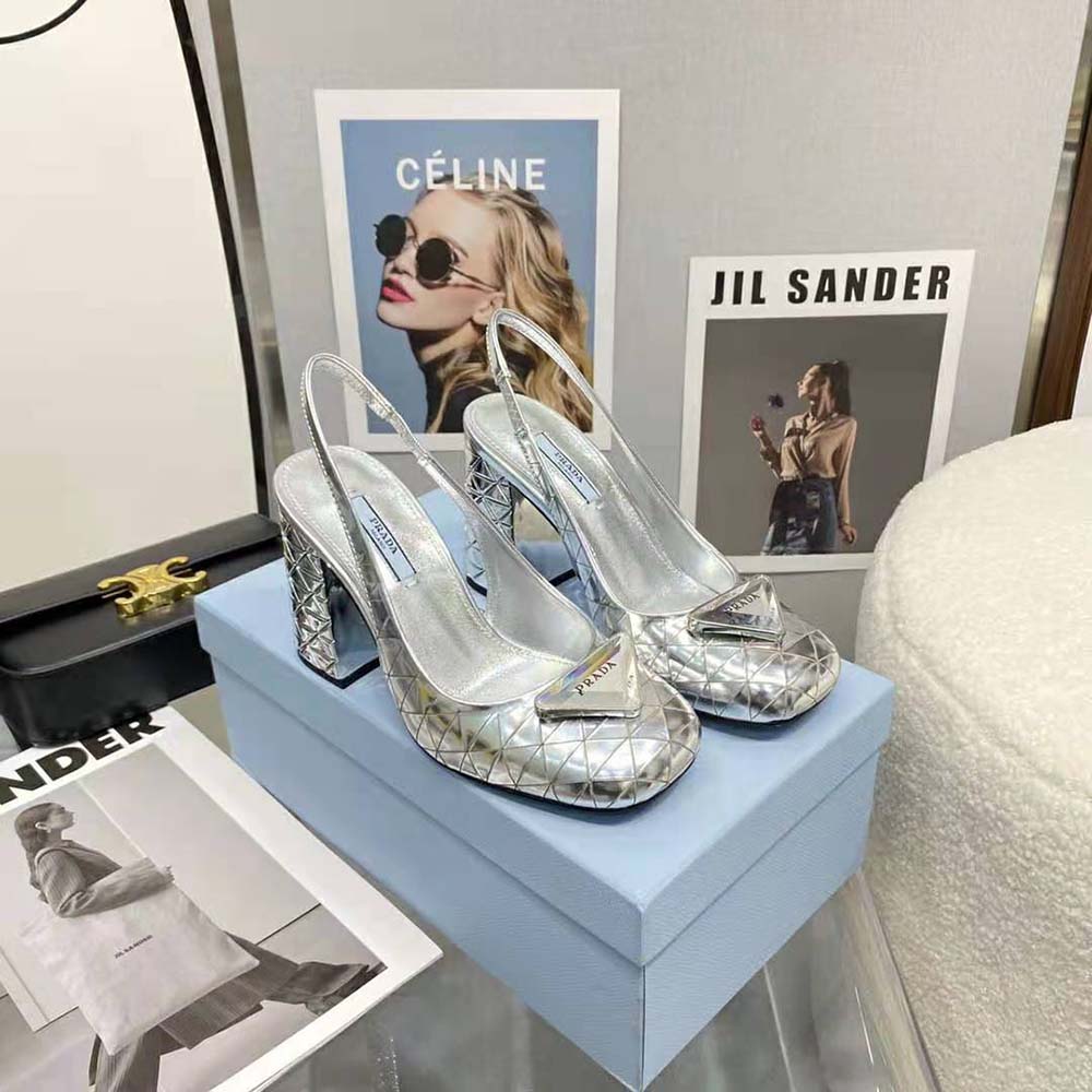 Prada Women Metallic Leather Slingback Pumps-Silver