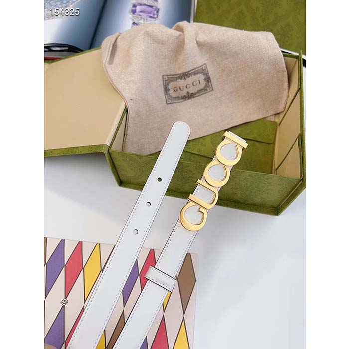 Gucci Unisex Buckle Thin Belt White Leather Gold-Toned Hardware 2 CM Width