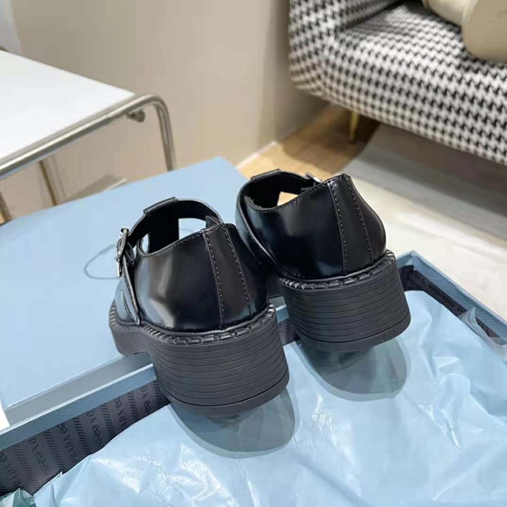 Prada Women Brushed-Leather Mary Jane T-strap Shoes-Black