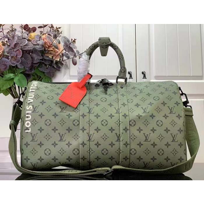 Louis Vuitton LV Unisex Keepall Bandoulière 45 Khaki Green Vermillion Red Monogram Coated Canvas
