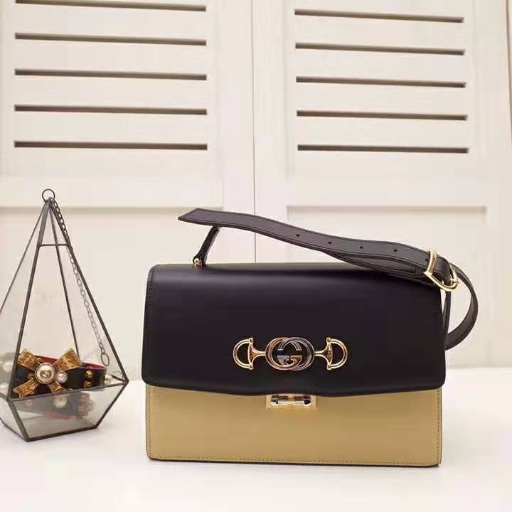 Gucci GG Women Gucci Zumi Smooth Leather Small Shoulder Bag in Black and Beige Smooth Leather