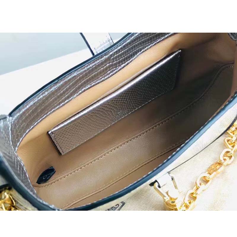 Gucci Women Jackie 1961 Lizard Mini Bag Silver Lamé Lizard