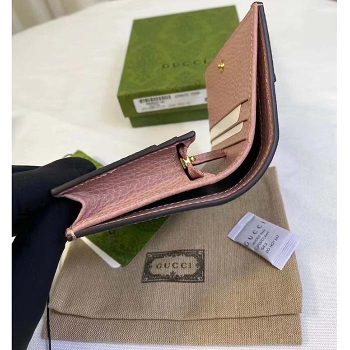 Gucci Women GG Marmont Card Case Wallet Pink Double G Beige Ebony Supreme Canvas