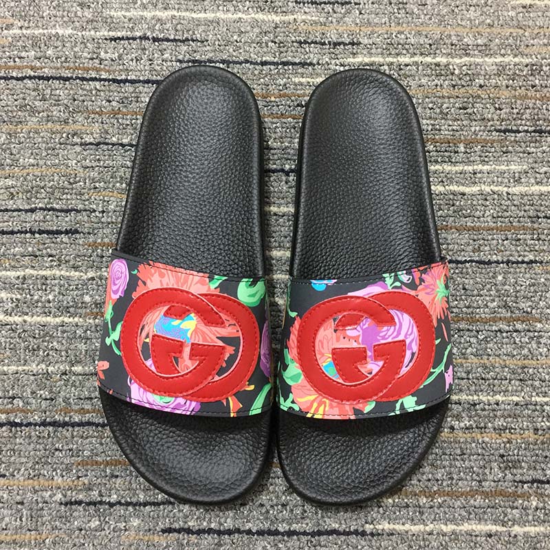 Gucci Women GG Ken Scott Print Slide Sandal Interlocking G Patch Flat