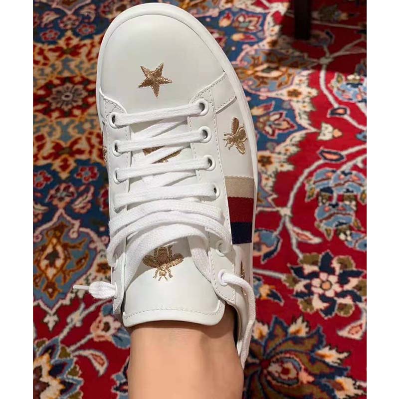 Gucci Women’s Ace Embroidered Sneaker in White Leather with Bees and Stars