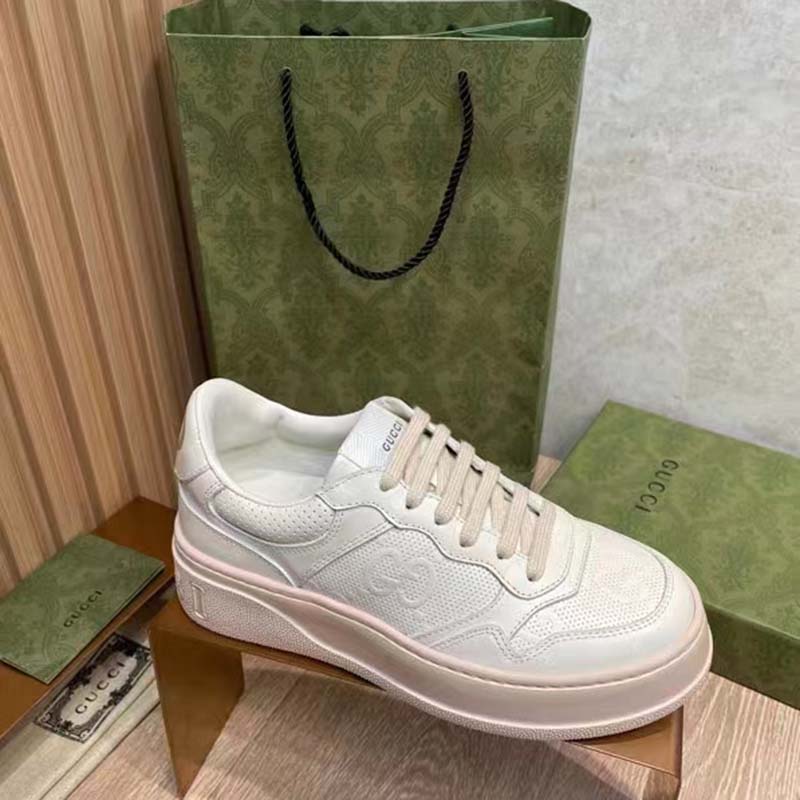 Gucci Unisex GG Embossed Sneaker White Leather Smooth Leather Lace Up Flat