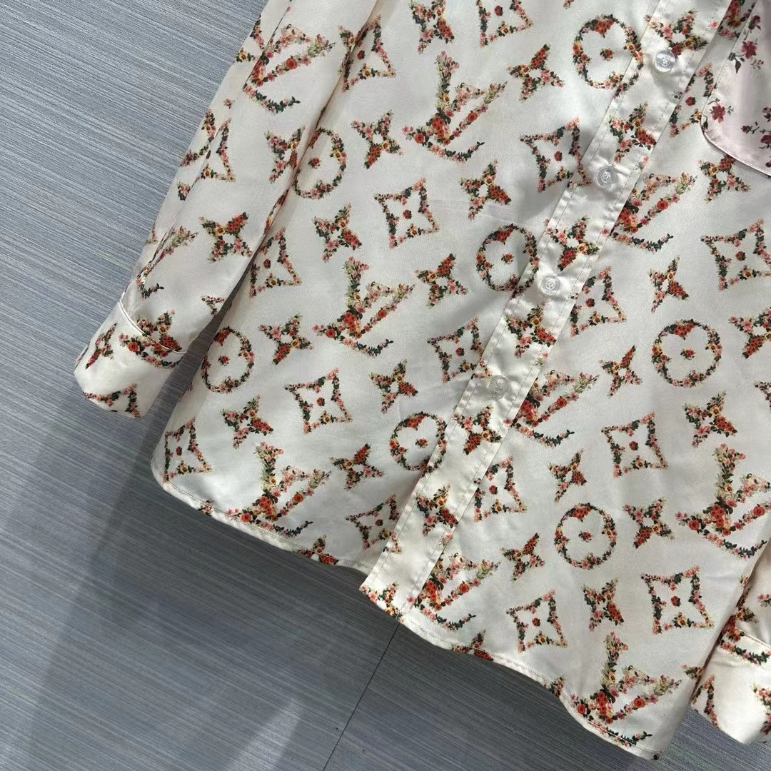 Louis Vuitton Women LV Floral Monogram Pajama Shirt Silk Pink Beige Regular Fit