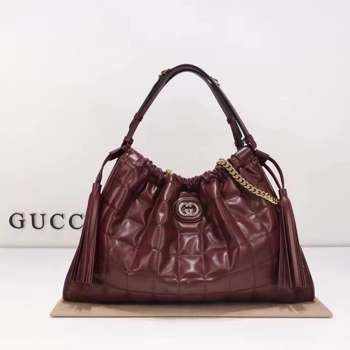 Gucci Unisex GG Deco Medium Tote Bag Dark Red Leather Two-Toned Vintage Interlocking G