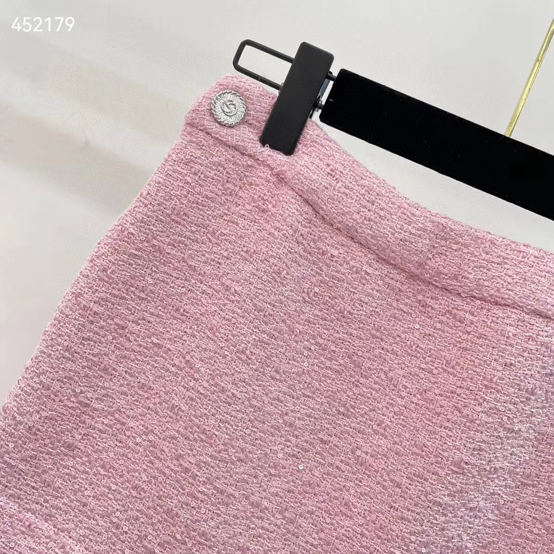 Gucci Women GG Silk Tweed Layered Skirt Pink Fitted Waistband Front Split Style ‎760862 ZAPUO 5642