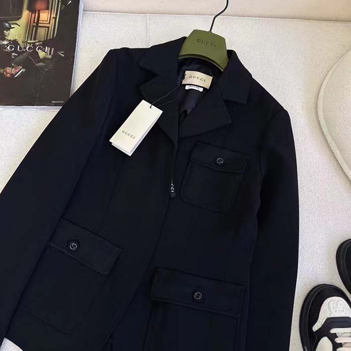 Gucci Women GG Wool Jacquard Jacket Black Lined Notch Lapel Petite Fit