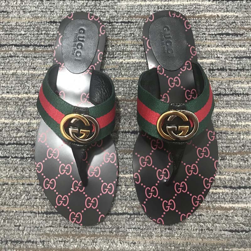 Gucci Unisex GG Thong Web Sandal Interlocking G Leather Sole Square Toe Flat