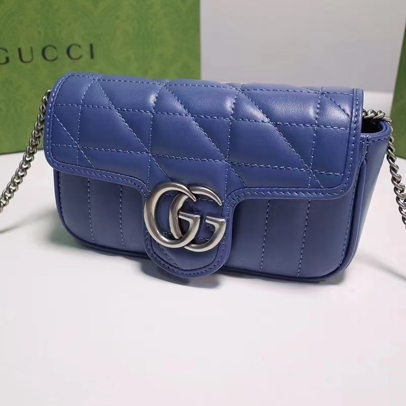 Gucci Women GG Marmont Matelassé Mini Bag Blue Matelassé Leather Double G