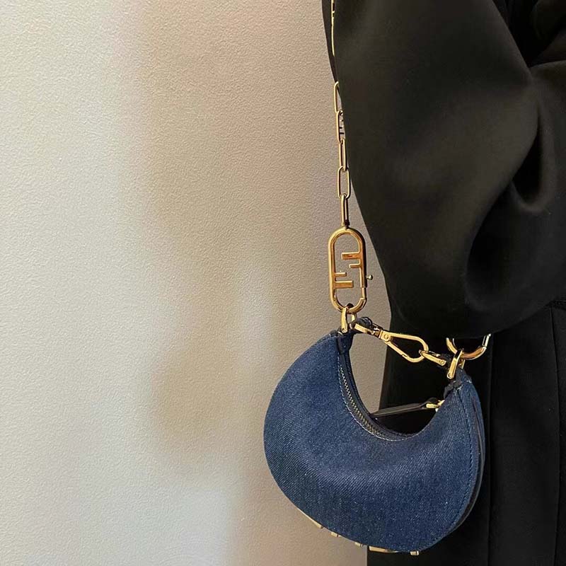 Fendi Women FF Nano Fendigraphy Hobo Bag Blue Denim Charm