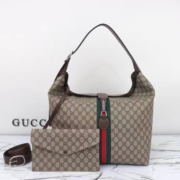 Gucci Unisex GG Jackie 1961 Medium Shoulder Bag Beige Ebony GG Supreme