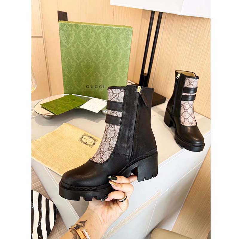 Gucci Women GG Ankle Boot Buckles Black Leather Rubber Sole Mid-Heel