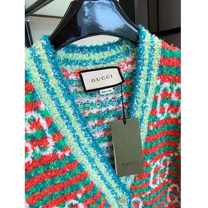 Gucci Men Maxi GG Cotton Cardigan Red Green Long Sleeves V-Neck
