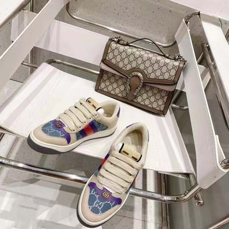 Gucci Unisex Screener Sneaker Purple Red Web Cream Scrap Less Leather