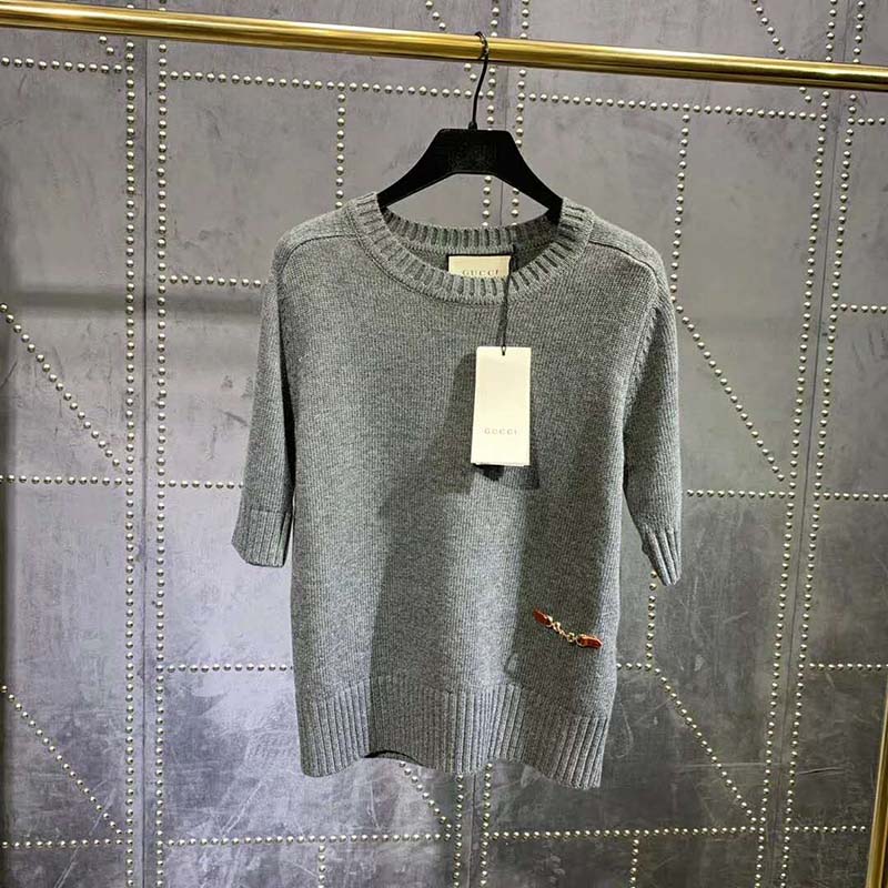 Gucci Women Cashmere Top with Horsebit Crewneck Gold-Toned Metal