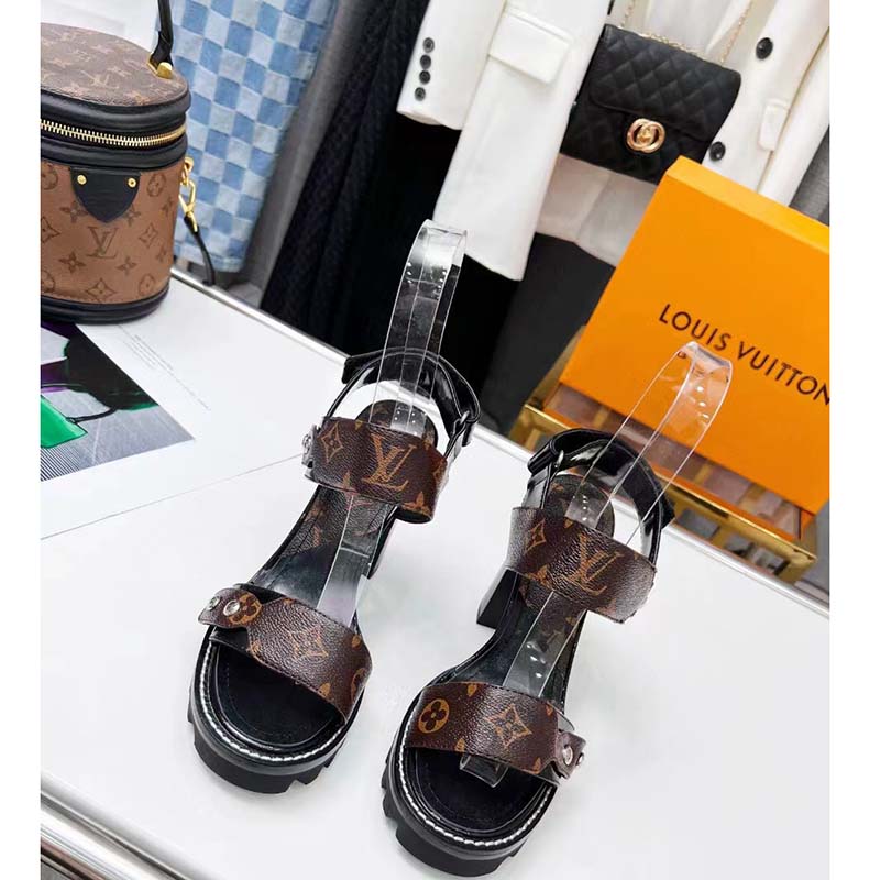 Louis Vuitton LV Women Star Trail Sandal Black Calf Leather Patent Monogram Canvas 9.5 cm Heel
