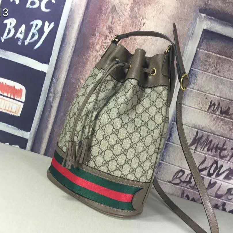 Gucci GG Women Ophidia GG Bucket Bag in Beige and Ebony GG Supreme Canvas