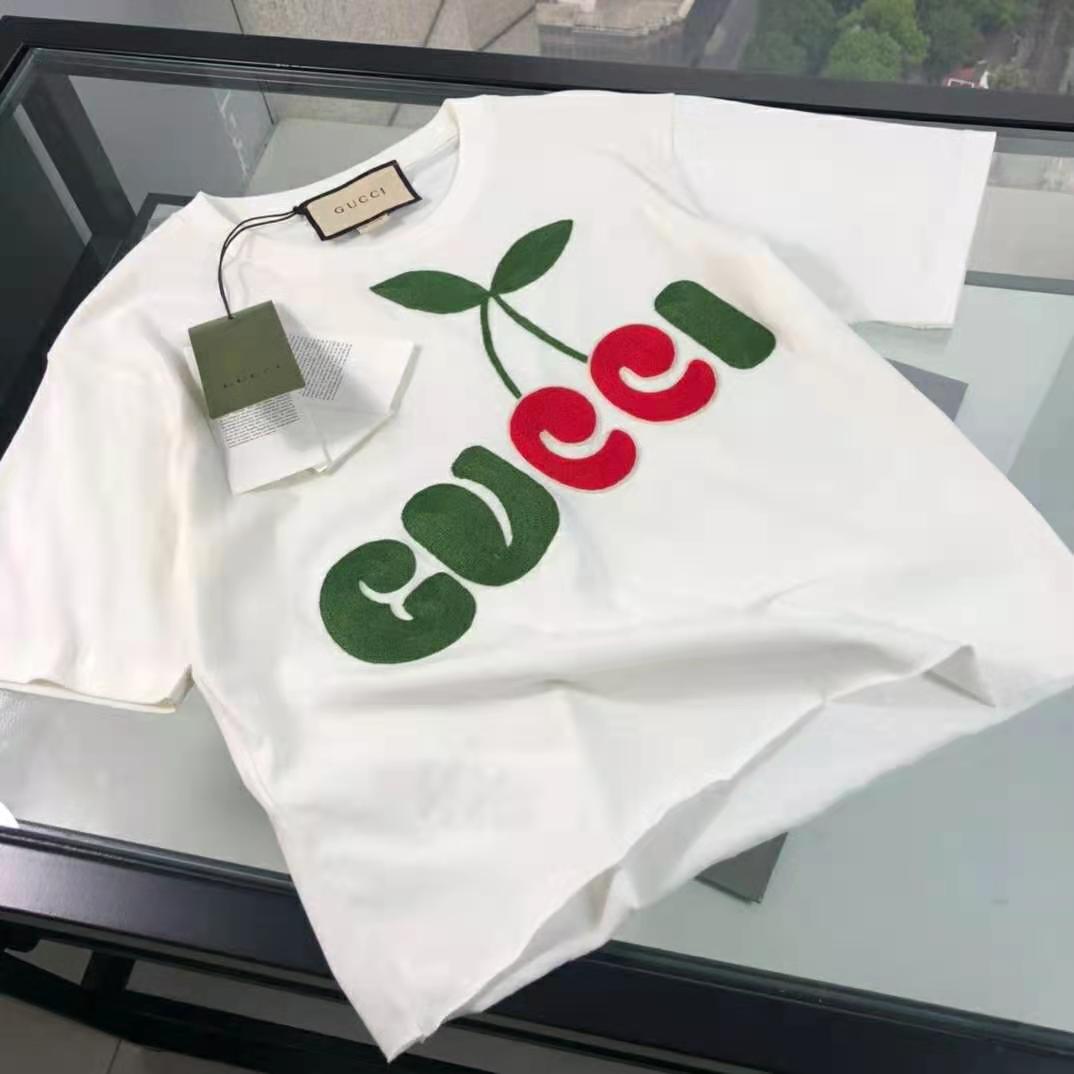 Gucci Women Gucci Cherry Print Cotton T-Shirt Jersey Crewneck Cropped Fit-White