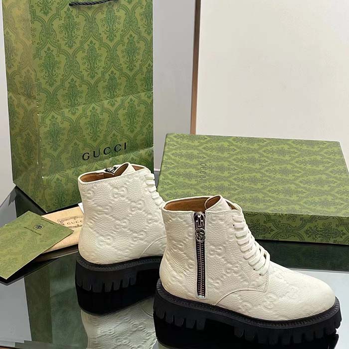 Gucci Unisex GG Leather Boots White Rubber Lug Sole Lace-Up Interlocking G Flats