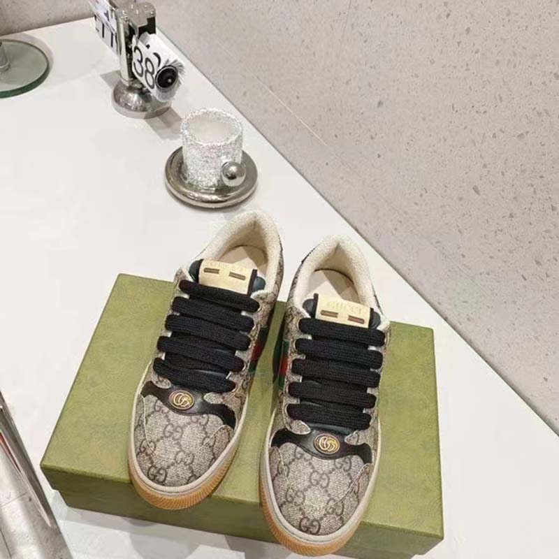 Gucci Unisex GG Screener Sneaker Beige Ebony GG Supreme Canvas Green Red Web