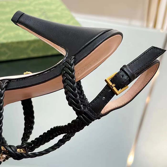 Gucci Women Crystal Interlocking G Sandal Black Braided Leather High 9 Cm Heel