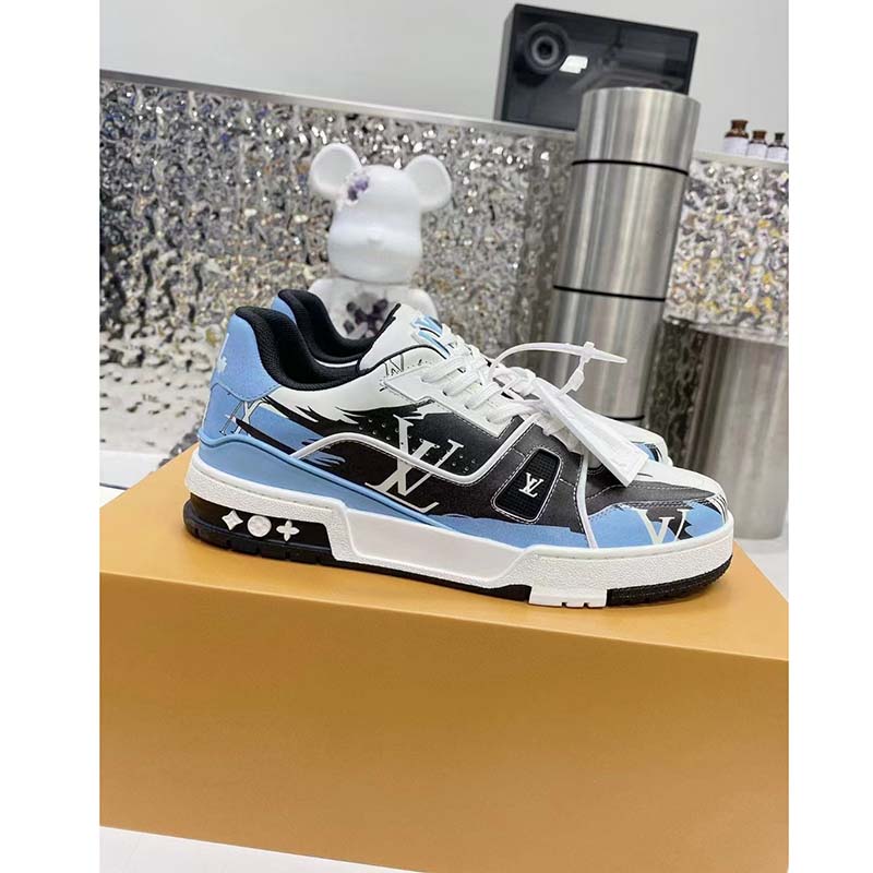 Louis Vuitton Unisex LV Trainer Sneaker Black Printed Calf Leather Rubber Monogram Flowers