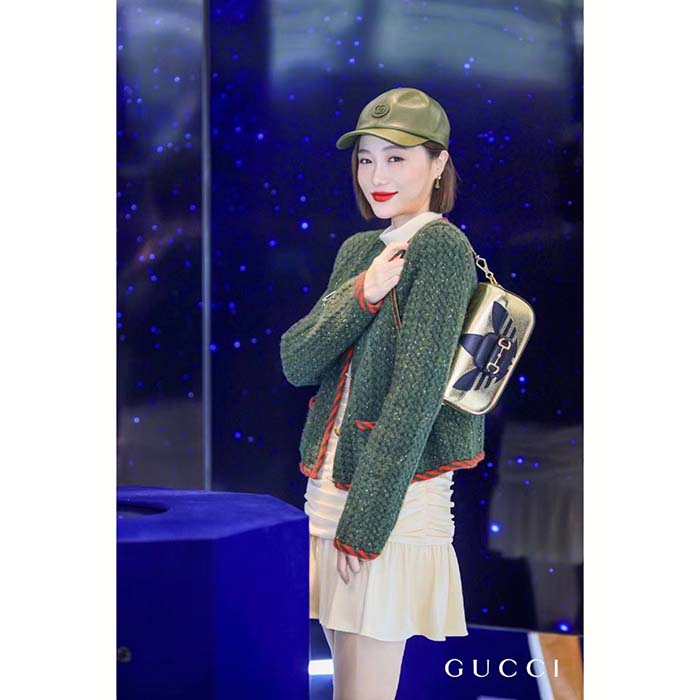 Gucci Women GG Cable Knit Wool Jacket Dark Green Collarless Wool Cotton