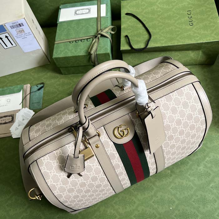 Gucci Unisex Gucci Savoy Duffle Bag Beige White GG Supreme Canvas Double G