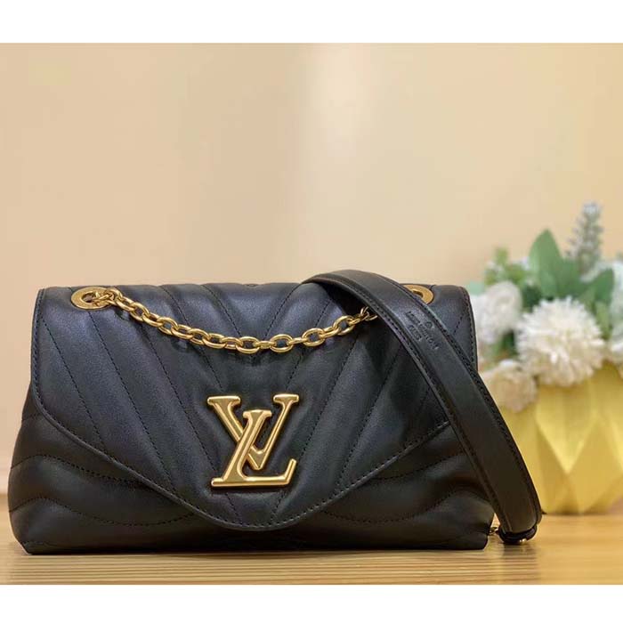 Louis Vuitton LV Women New Wave Chain Bag MM Handbag Black Smooth Cowhide