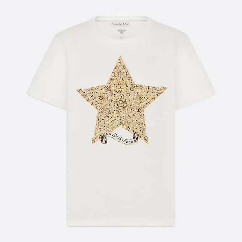 Dior Men Embroidered T-Shirt White Cotton and Linen Jersey with Gold-Tone Dior Around the World Motif