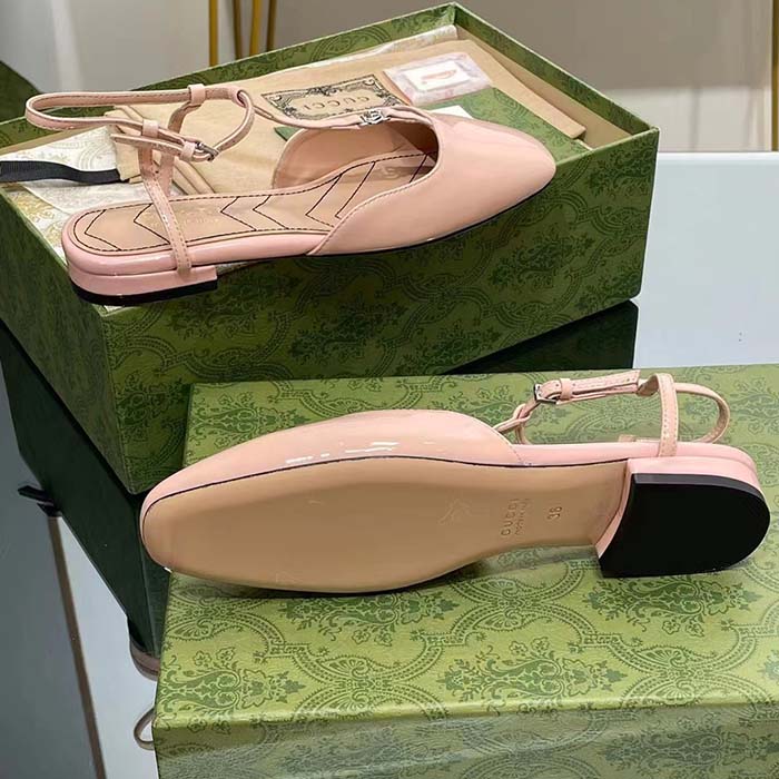 Gucci Women GG Double G Ballet Flat Light Pink Patent Leather Square Toe