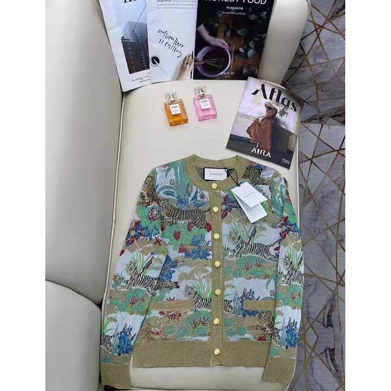 Gucci Women GG Tiger Jacquard Cardigan Gold Green Tiger Flower Extra Fine Lurex Crewneck