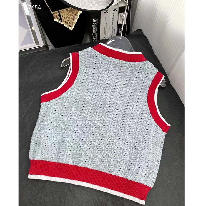 Gucci Women GG Adidas x Gucci Rib Stitch Sleeveless Top Cotton Trefoil Embroidery Knit V-Neck