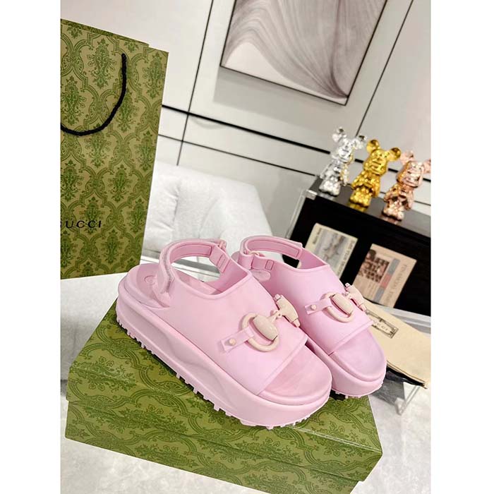 Gucci Women GG Horsebit Flatform Sandal Light Pink Rubber Plastic Horsebit