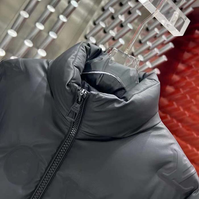 Louis Vuitton Women LV Monogram Leather Hooded Down Jacket Black Lamb Leather Anthracite Regular Fit