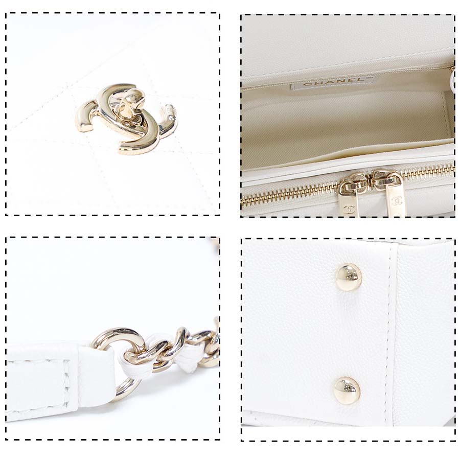 Chanel Women Flap Bag with Top Handle in Grained Calfskin Leather-White