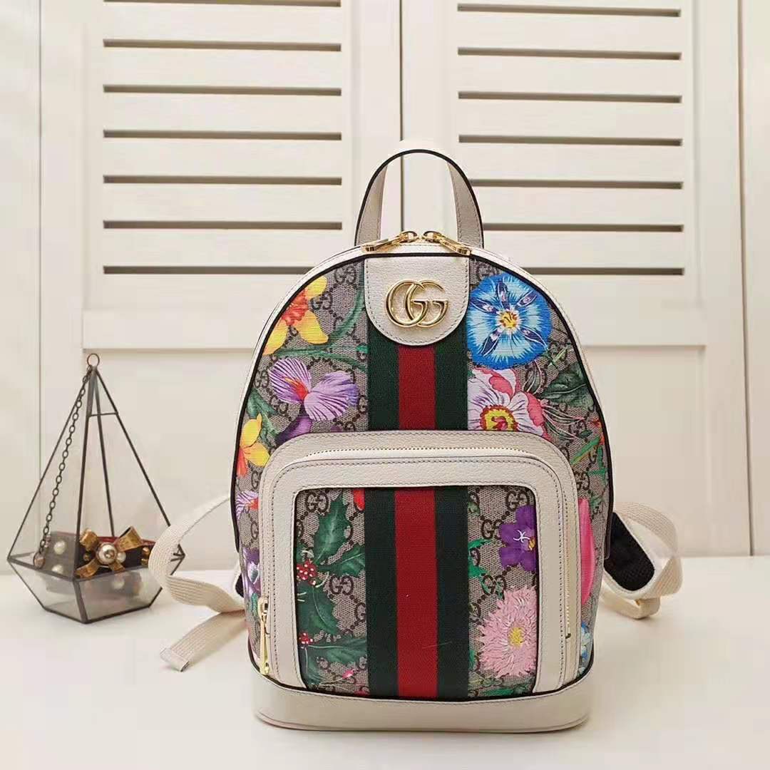 Gucci GG Women Ophidia GG Flora Small Backpack in Beige/Ebony GG Supreme Canvas