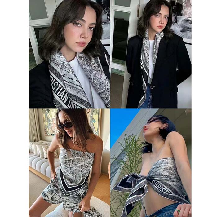 Dior Women CD Plan De Paris 90 Square Scarf White Black Silk Twill