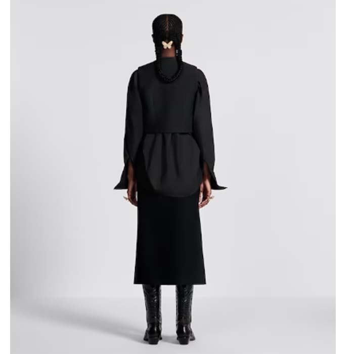 Dior Women CD Mid-Length Straight-Cut Skirt Black Wool Silk Waistband Side Vents