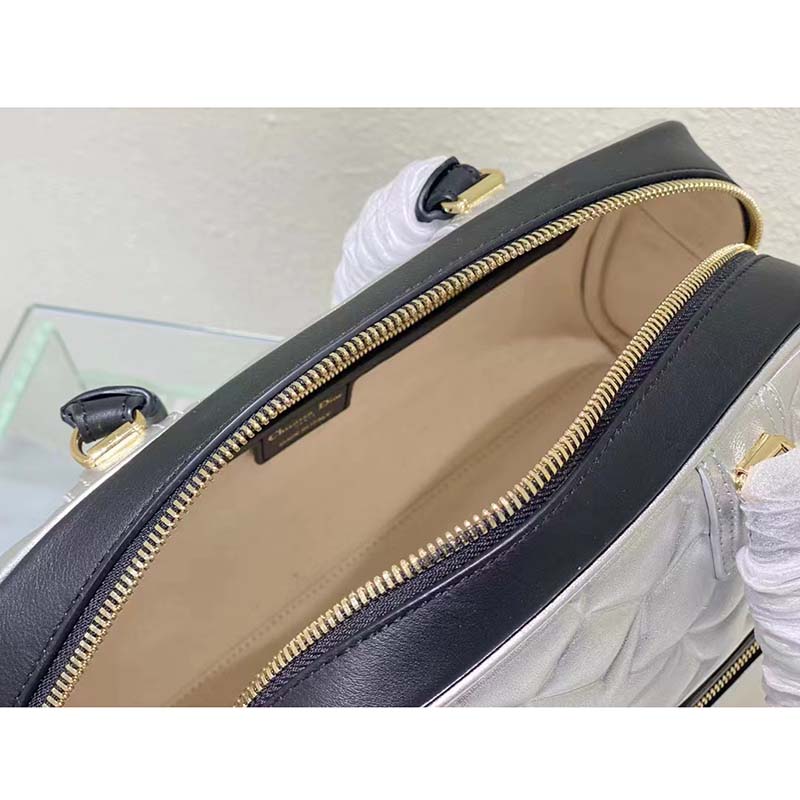 Dior Women CD Medium Vibe Zip Bowling Bag Black Silver Padded Étoile Calfskin