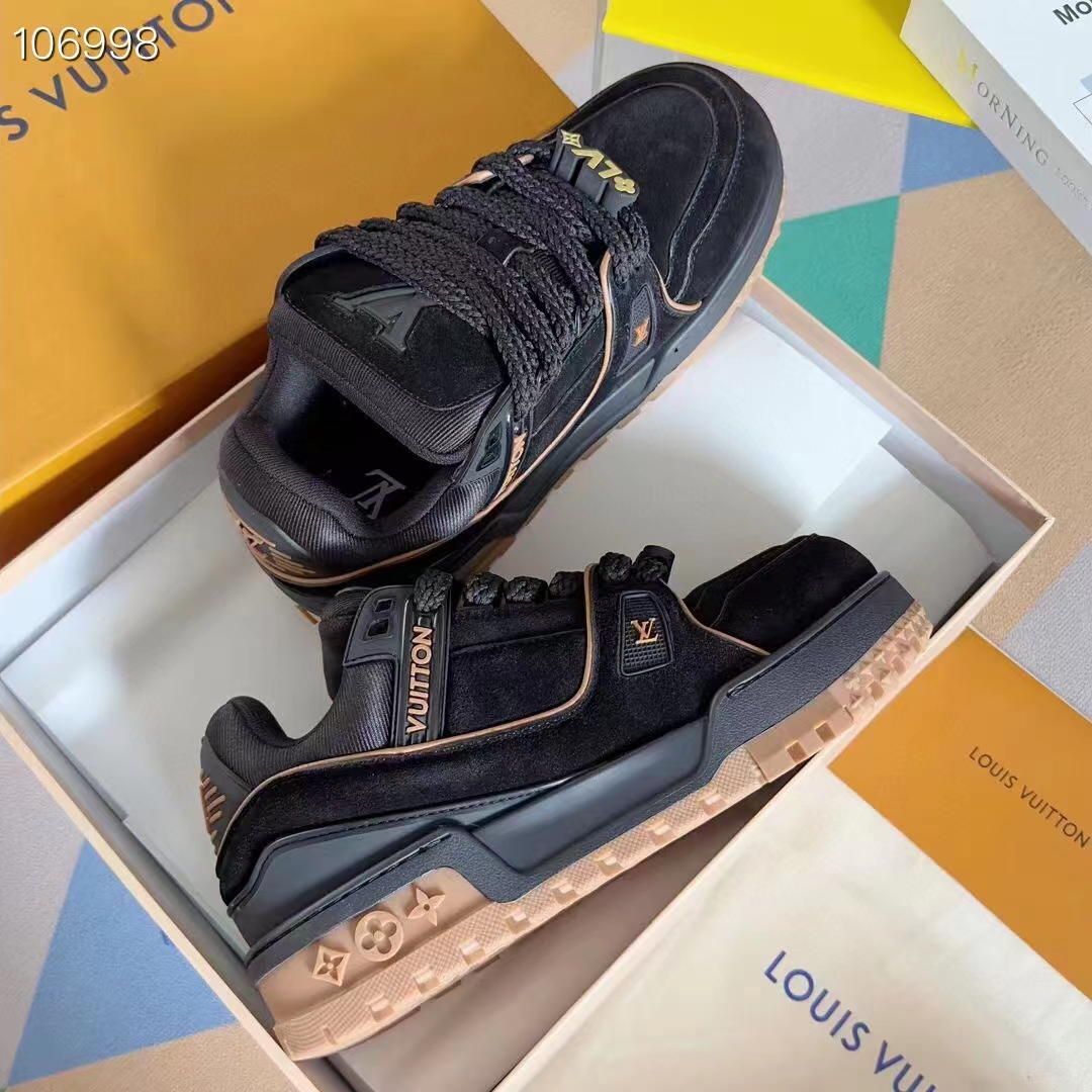 Louis Vuitton Unisex LV Trainer Maxi Black Suede Calf Leather Textile Laces Beads Rubber