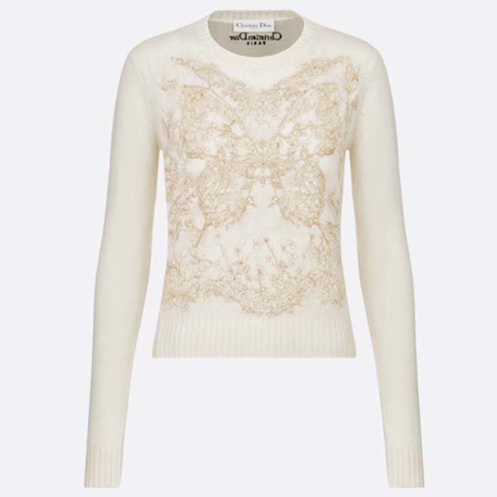 Dior Men CD Embroidered Sweater Gold-Tone White Cashmere Knit Butterfly Around the World Motif