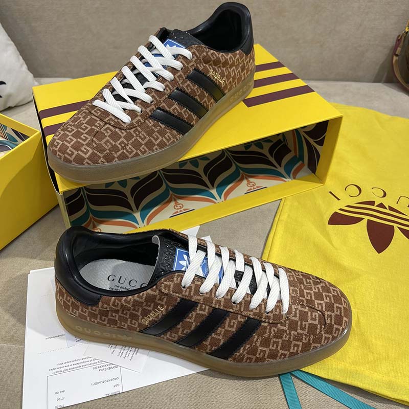 Gucci Unisex Adidas x Gucci Gazelle Sneaker Brown Black Square G Suede Leather Low Heel