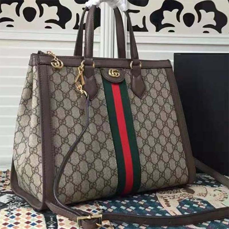 Gucci Unisex Ophidia GG Medium Tote Bag Beige Ebony GG Supreme Canvas